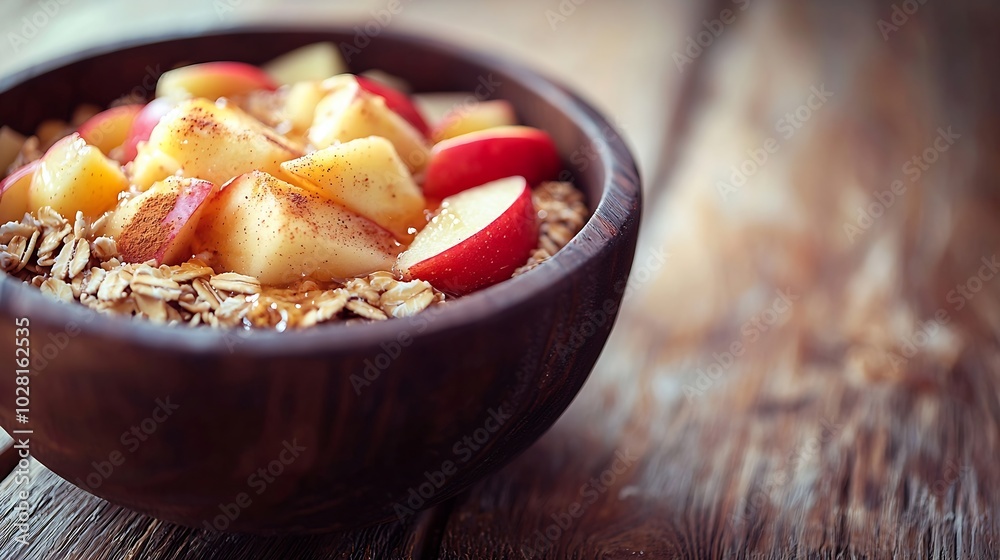 Poster overnight oats bircher muesli with apple cinnamon and honey wooden background close up : generative 