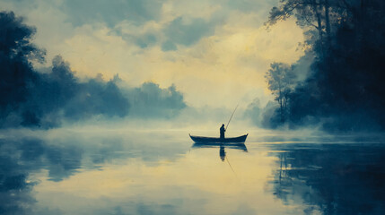 Peaceful fishing scene at misty lake dawn