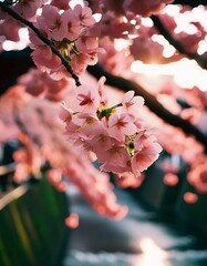 Obraz premium Sakura is blooming. Delicate pink cherry blossoms bloom beautifully on a tree branch during the spring season, filling the scene with vibrant colors and a sense of renewal in nature. Generative AI