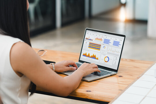 Businesswoman or an accountant team are analyzing data charts, graphs, and a dashboard on a laptop screen in order to prepare a statistical report and discuss financial data in an office.
