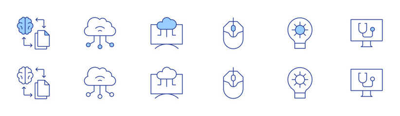 Technology icon set in two styles, Duotone and Thin Line style. Editable stroke. transfer, cloud, computer mouse, gear, computer
