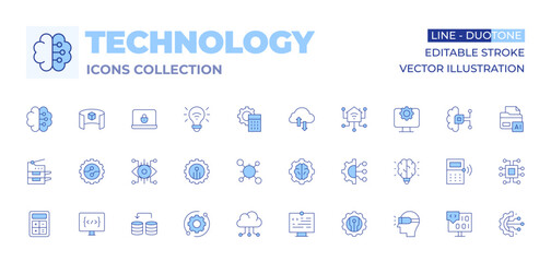 Technology icons collection. Line Duotone style, editable stroke. 3d viewer, brain, security, scanner, cells, eye, digitalization, calculator, cloud, technology, smart energy