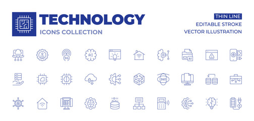 Technology icons collection. Thin Line icons, editable stroke. artificial intelligence, calculator, cyber security, data analytics, engineering, hosting, processor, smart home, brain, cloud