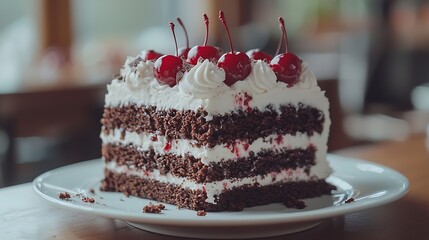 Black forest cake decorated with whipped cream and cherries Schwarzwald pie dark chocolate and cherry dessert on a white plate : Generative AI