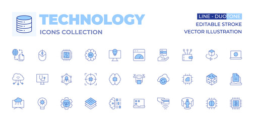 Technology icons collection. Line Duotone style, editable stroke. idea, artificial intelligence, ai, transfer, target, cloud, computer mouse, nanotechnology, computer, cpu