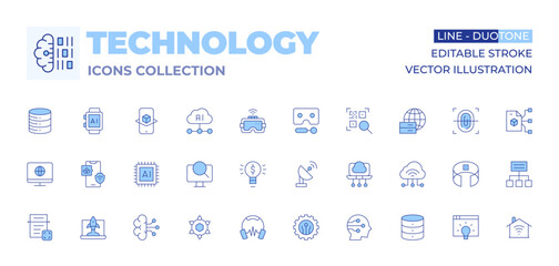 Technology icons collection. Line Duotone style, editable stroke. light bulb, internet, vr glasses, ai, augmented reality, database, smartwatch, artificial intelligence, computer, smart farm