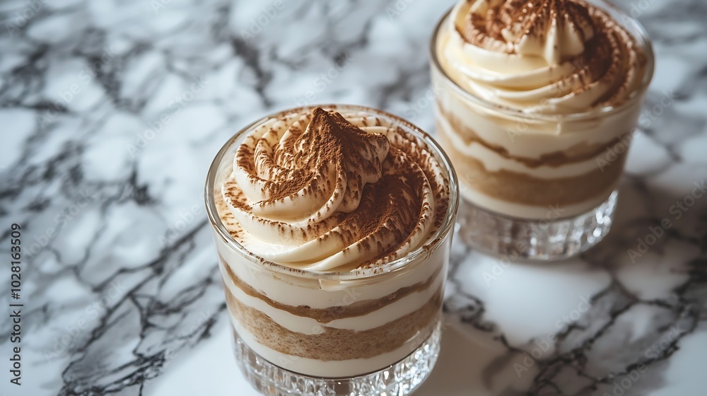 Poster tiramisu dessert in glasses marble background close up top view : generative ai