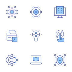 Technology icons set. Line Duotone style, editable stroke. online learning, usability, touch, idea, network, security, digital transformation, folder, chip