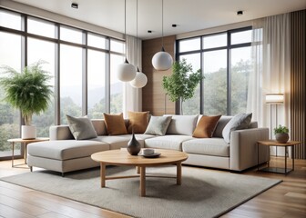 Modern Minimalistic Living Room with Light-Colored Sectional Sofa and Natural Light