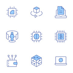 Technology icons set. Line Duotone style, editable stroke. laptop, technology, document, artificial intelligence, processor, wallet, 3d, vr platform, bitcoin