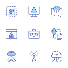 Technology icons set. Line Duotone style, editable stroke. transfer, signal tower, alert, cloud, error, toolbox, motion sensor, chip