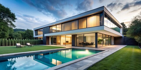 Modern Minimalist House with Pool Surrounded by Lush Greenery - Serene Architecture Design, Contemporary Backyard Oasis, Sleek Aesthetics, and Tranquil Water Features