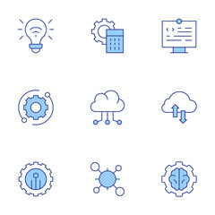 Technology icons set. Line Duotone style, editable stroke. technical support, cells, calculator, cloud server, brain, cloud, technology, smart energy, coding