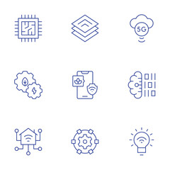 Technology icons set. Thin Line style, editable stroke. 5G, artificial intelligence, bulb, cpu, eco technology, home, platform, smart farm, technology