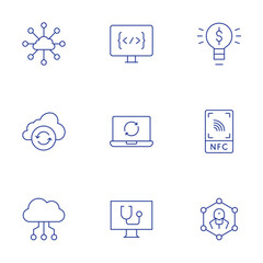 Technology icons set. Thin Line style, editable stroke. cloud, cloud data, light bulb, nanotechnology, nfc, computer, laptop, coding, cloud sync