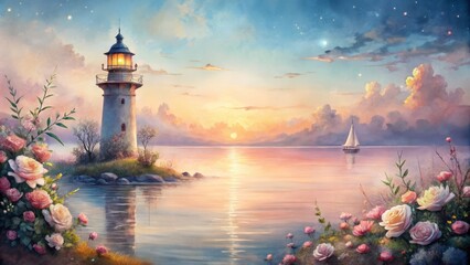 Immerse in twilight hues; a watercolor landscape of sea and lighthouse invites you to an enchanting wedding, where love shines through every shadowed brushstroke.