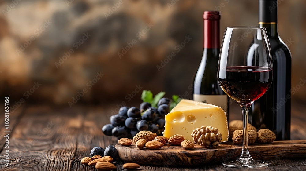 Poster Red wine in glass with cheese honey nuts and grape on a cutting board wooden background : Generative AI