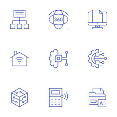 Technology icons set. Thin Line style, editable stroke. project, smart house, technology, computer, digital transformation, folder, degrees, artificial intelligence, calculator