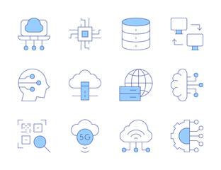 Technology icons. Line Duotone style, editable stroke. database, edge computing, big data, connection, chip, barcode, computer networking, iot, artificial intelligence, cloud server, brain, 5G