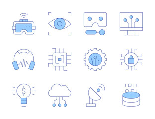 Technology icons. Line Duotone style, editable stroke. headphones, light bulb, satellite, cloud data, data analytics, browser, chip, technology