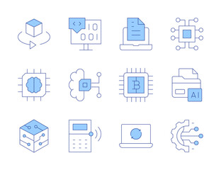 Technology icons. Line Duotone style, editable stroke. laptop, technology, digital transformation, folder, artificial intelligence, calculator, bitcoin
