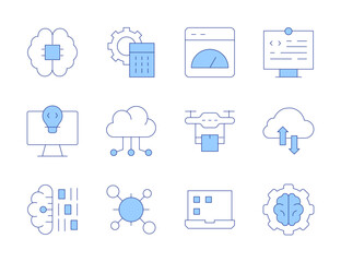 Technology icons. Line Duotone style, editable stroke. idea, drone delivery, laptop, cells, cloud server, brain, cloud, artificial intelligence