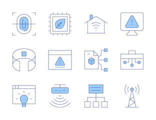 Technology icons. Line Duotone style, editable stroke. smart contract, fingerprint, immersive vr, signal tower, alert, error, toolbox, project, smart house, idea, motion sensor, chip