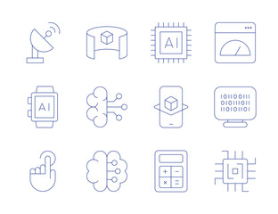 Technology icons. Thin Line style, editable stroke. 3d viewer, artificial intelligence, brain, satellite, smartwatch, touch, app, binary code, chip, ai, augmented reality, calculator