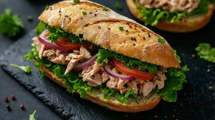 Delicious Tuna Salad Sandwich with Fresh Vegetables. A mouthwatering tuna salad sandwich loaded with fresh vegetables, served on a crispy roll. Perfect for a quick meal