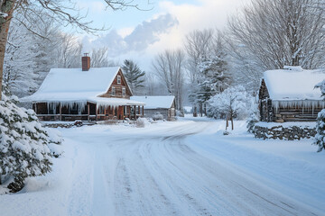 Naklejka premium An American rustic farmhouse's outdoor area reflects a harmonious blend of rural charm and functionality, showcasing the agricultural roots of early American life. 