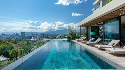 Fototapeta premium Beautiful rooftop terrace featuring a swimming pool and lounge chairs, overlooking the city of Chiang Mai, Thailand, captured on a sunny day with high-resolution photography and minimal editing.