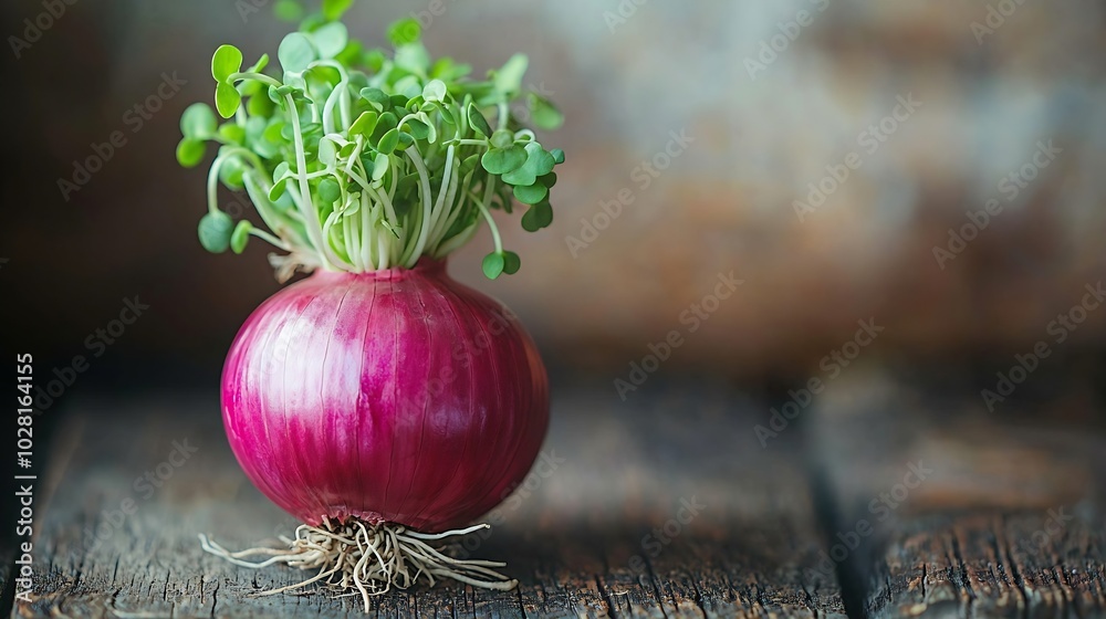 Poster red onion with fresh green sprouts on wooden background : generative ai