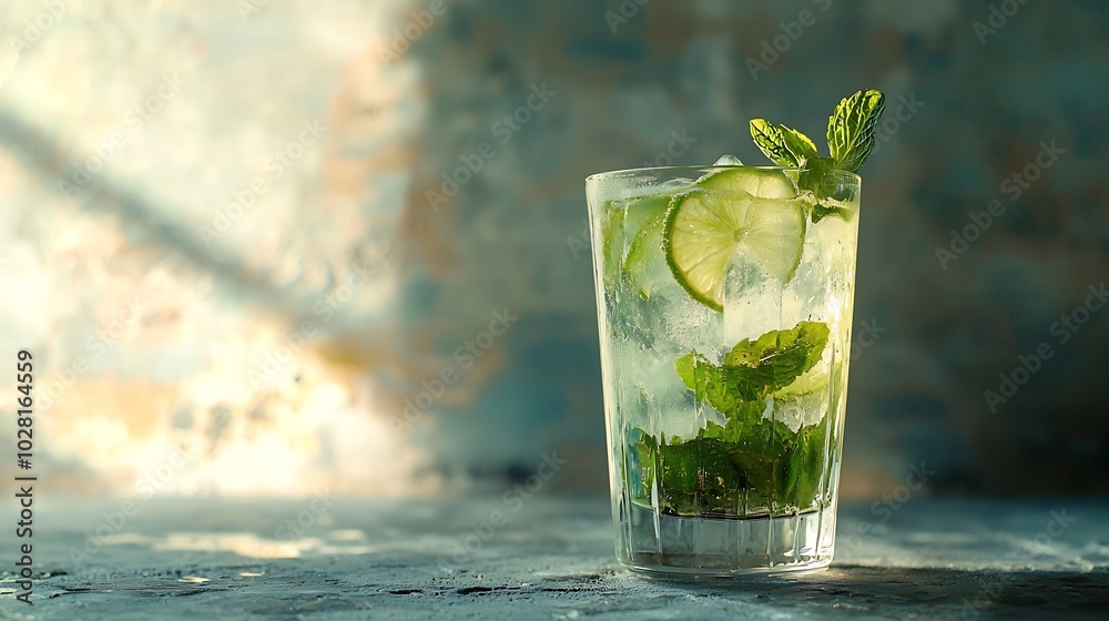 Poster mojito cocktail with lime and mint in highball glass on a grey stone background : generative ai