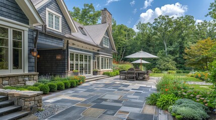 Fototapeta premium Beautiful stone patio featuring an outdoor dining area, surrounded by lush green trees and shrubs next to an elegant house in New England, with gray shingle walls and white trim, captured in high-defi