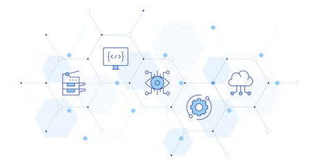 Technology Banner Vector Illustration with Icon Style in Between. Line Duotone icon. Containing coding, technical support, scanner, eye, cloud server