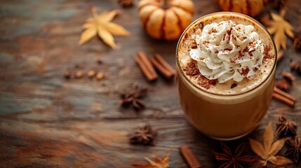 Pumpkin latte with spices Boozy cocktail with whipped cream Wooden background Copy space Top view : Generative AI