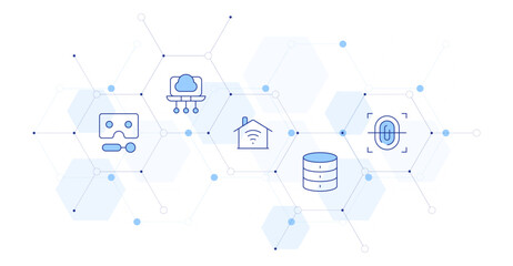Technology Banner Vector Illustration with Icon Style in Between. Line Duotone icon. Containing database, edge computing, virtual reality glasses, fingerprint, smart house