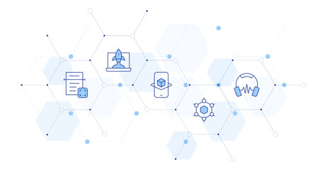 Technology Banner Vector Illustration with Icon Style in Between. Line Duotone icon. Containing headphones, ocr, startup, graphene, augmented reality