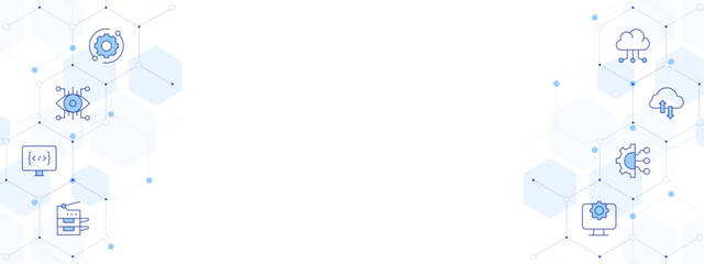 Technology Banner Vector Illustration with Two-sided Icon Style. Line Duotone icon. Containing coding, technical support, scanner, eye, settings, cloud server, engineering, cloud