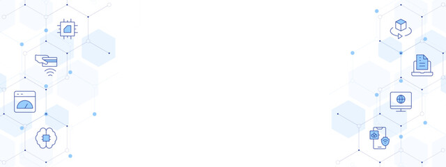 Technology Banner Vector Illustration with Two-sided Icon Style. Line Duotone icon. Containing contactless, app, ai, internet, document, processor, smart farm, 3d