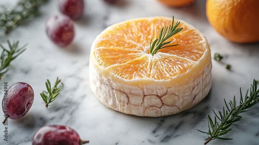 Poster Cheese with washed orange rind with grape Marble table background Top view : Generative AI