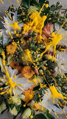 Obraz premium Close up view of flowers and yellow paint splashes