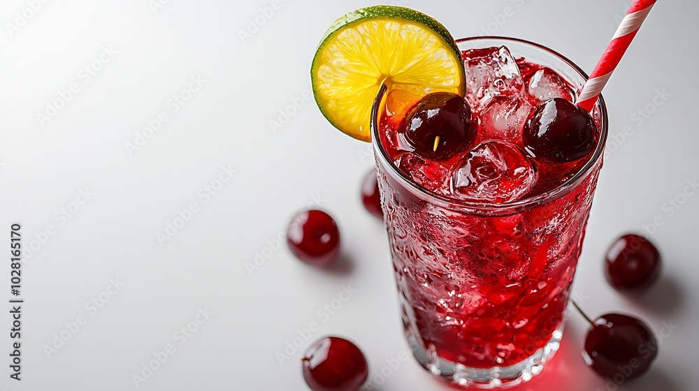 Poster cherry limeade lemonade cola cocktail in a tall glass on a white background top view copy space : ge