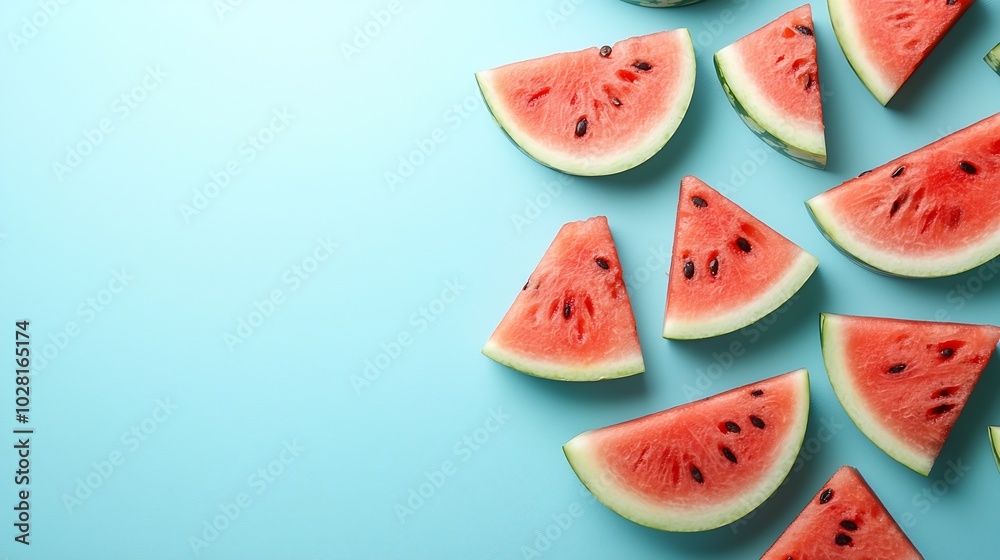 Poster fresh watermelon slices on blue table background close up : generative ai