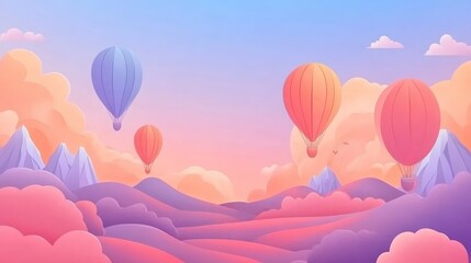 Hot Air Balloons Flying Over Pastel Mountains Landscape