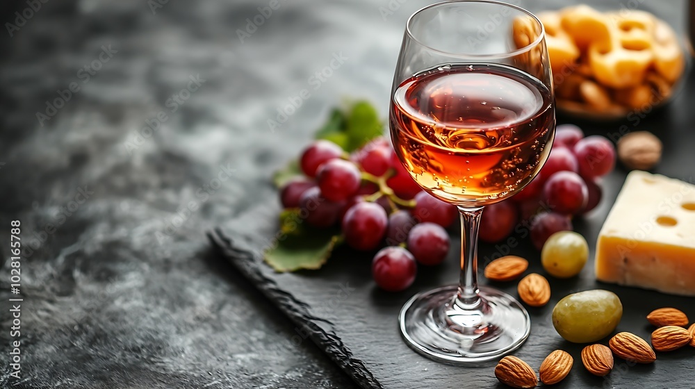 Poster Red wine in glass with assortment of cheese honey nuts and grape on a modern cutting board slate background : Generative AI