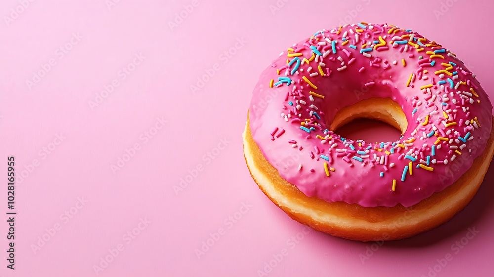 Poster donut on pink background top view copy space : generative ai