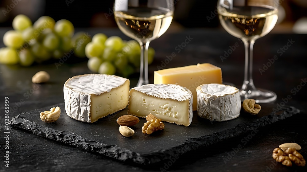 Poster Assortment of cheese with white wine honey nuts grape on a modern cutting board slate background : Generative AI