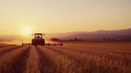 Fototapeta premium Tractor Harvesting Wheat Field at Sunset