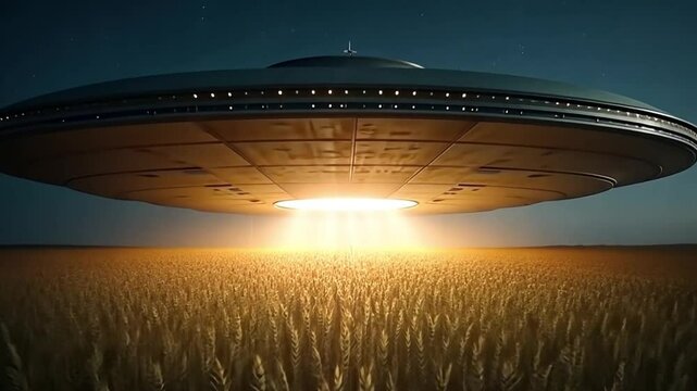 A round spaceship landing in a cornfield. The spaceship is about 300 meters wide and emits a bright light. The cornstalks bend under the force of the landing. The sky is clear with stars.